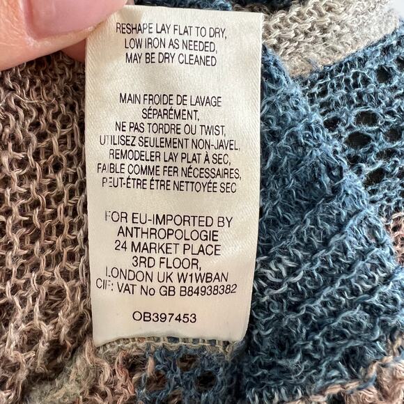 Anthropologie MOTH Open-Knit Linen Tan/Blue Stripe Hooded Midi Cardigan Duster S - Picture 9 of 9